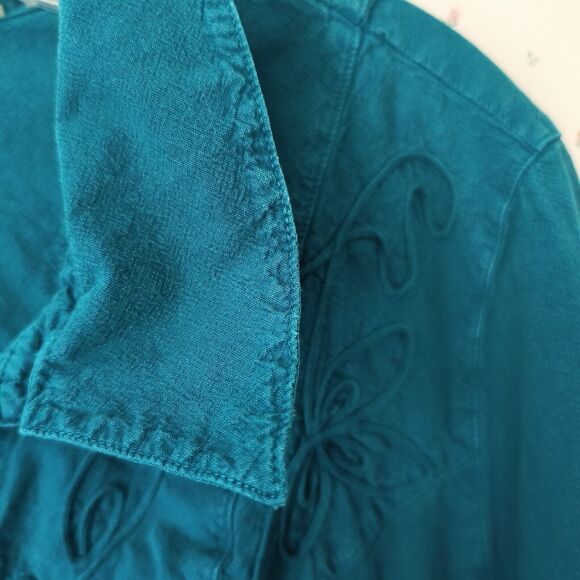 Soft Surroundings Tunic Blouse Size 1X Green Embroidered Floral Button up Boho - Picture 4 of 16